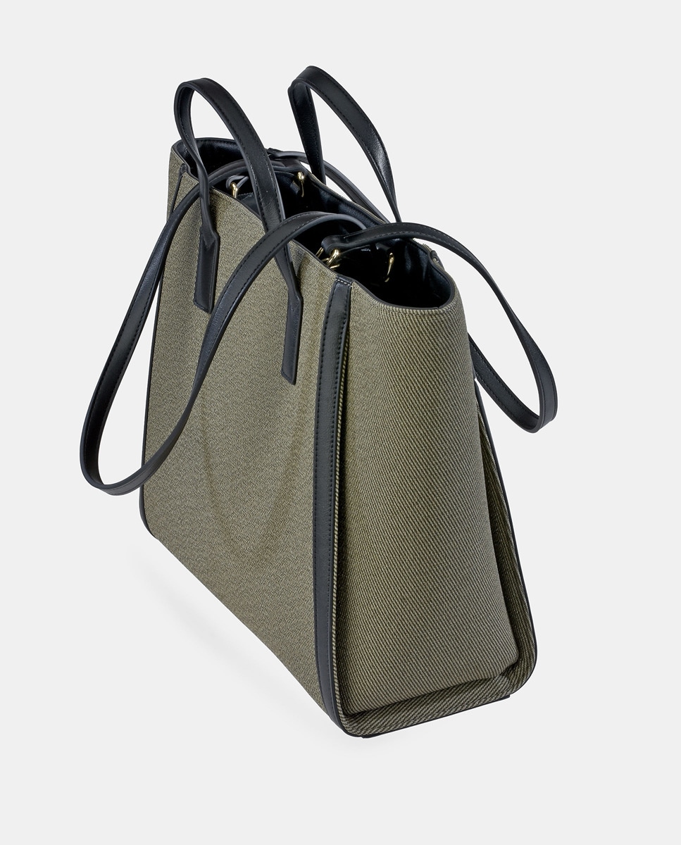Mala Tipo Tote Grande em Material Sintético com Alça Dupla - Preto/Cinzento Verde-4