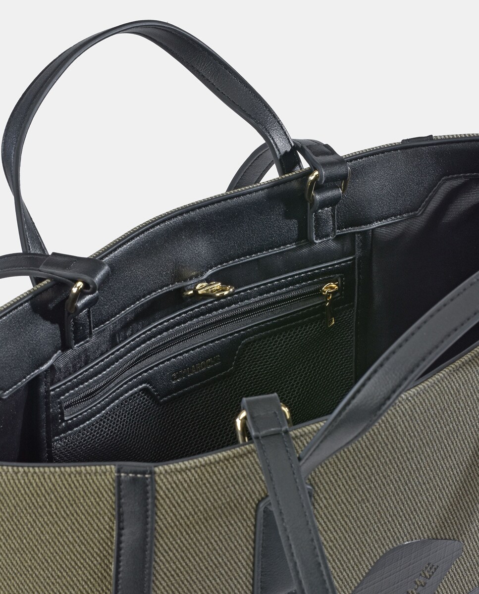 Mala Tipo Tote Grande em Material Sintético com Alça Dupla - Preto/Cinzento Verde-5