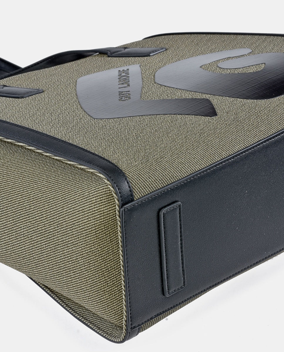 Mala Tipo Tote Grande em Material Sintético com Alça Dupla - Preto/Cinzento Verde-6