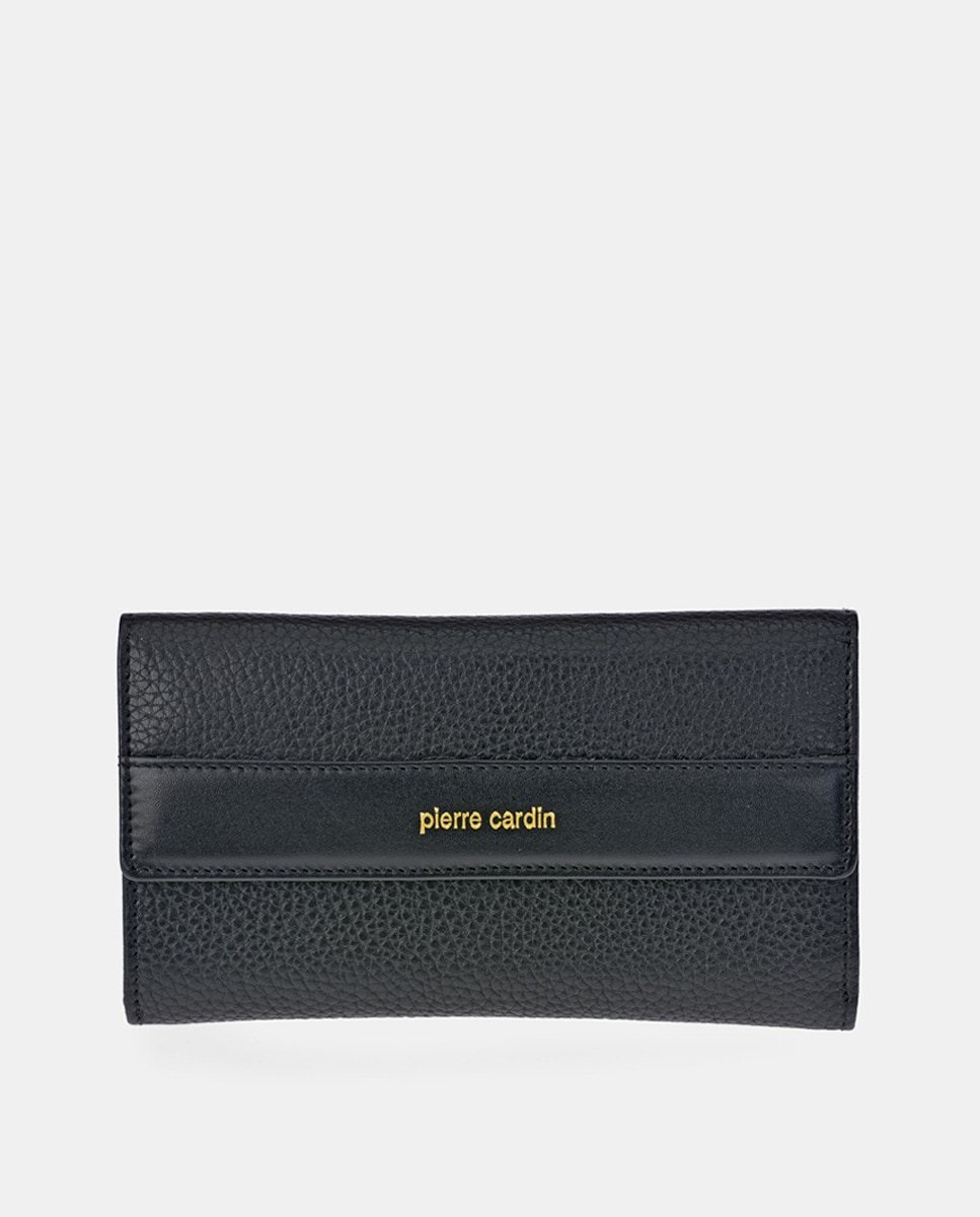 Porta-Moedas Grande em Pele com Secção para Notas e Aba Preto-1