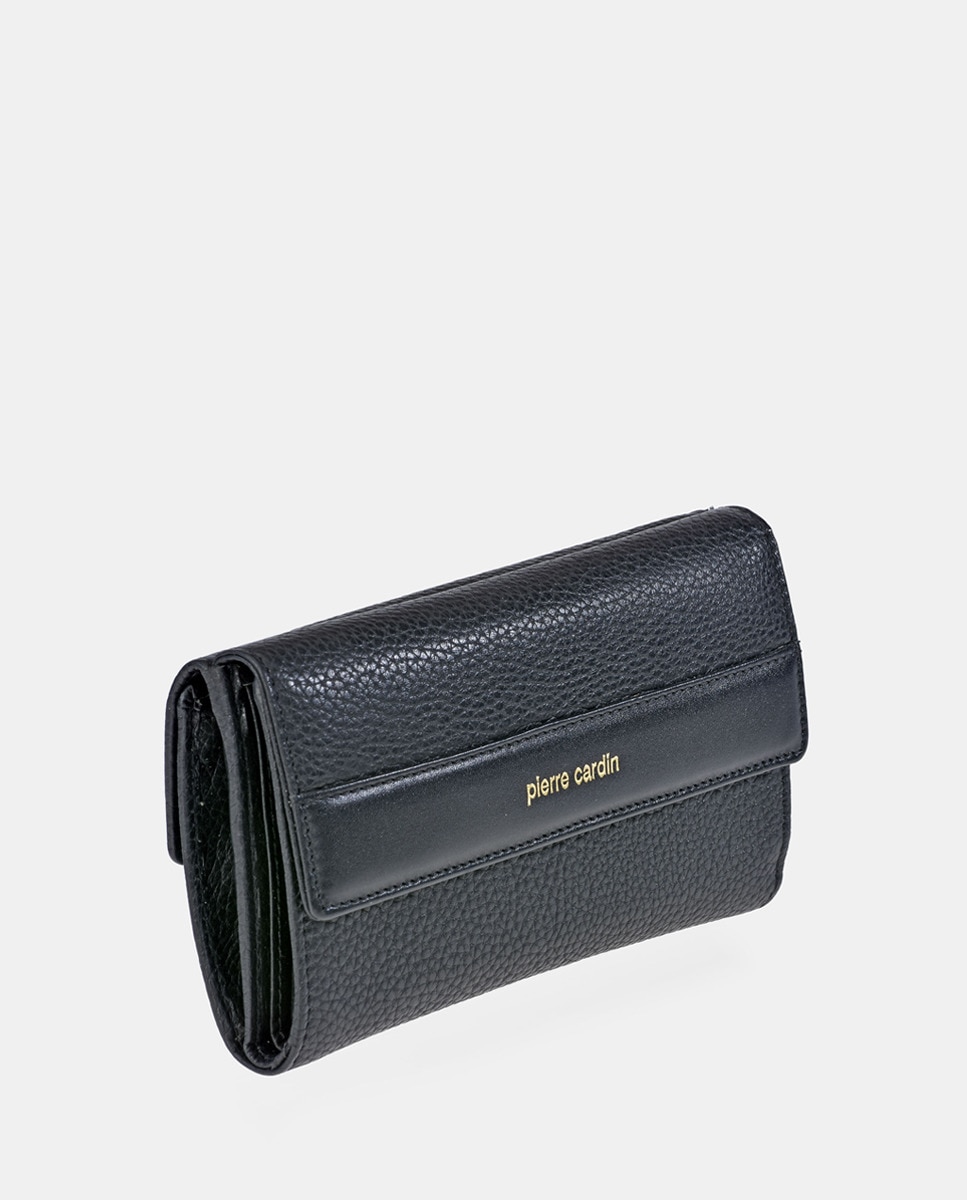 Porta-Moedas Grande em Pele com Secção para Notas e Aba Preto-5