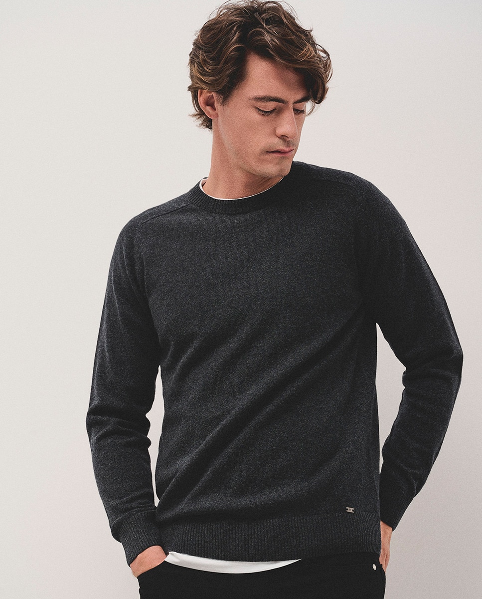 Camisola de Malha de Lã e Caxemira com Decote Redondo Cinzento-escuro-1