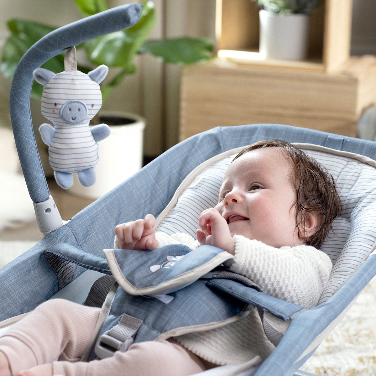 Rede e Cadeira de Baloiço + Ingenuity + Happy Belly Rock-to-Bounce Massage Seat - Chambray Azul-10