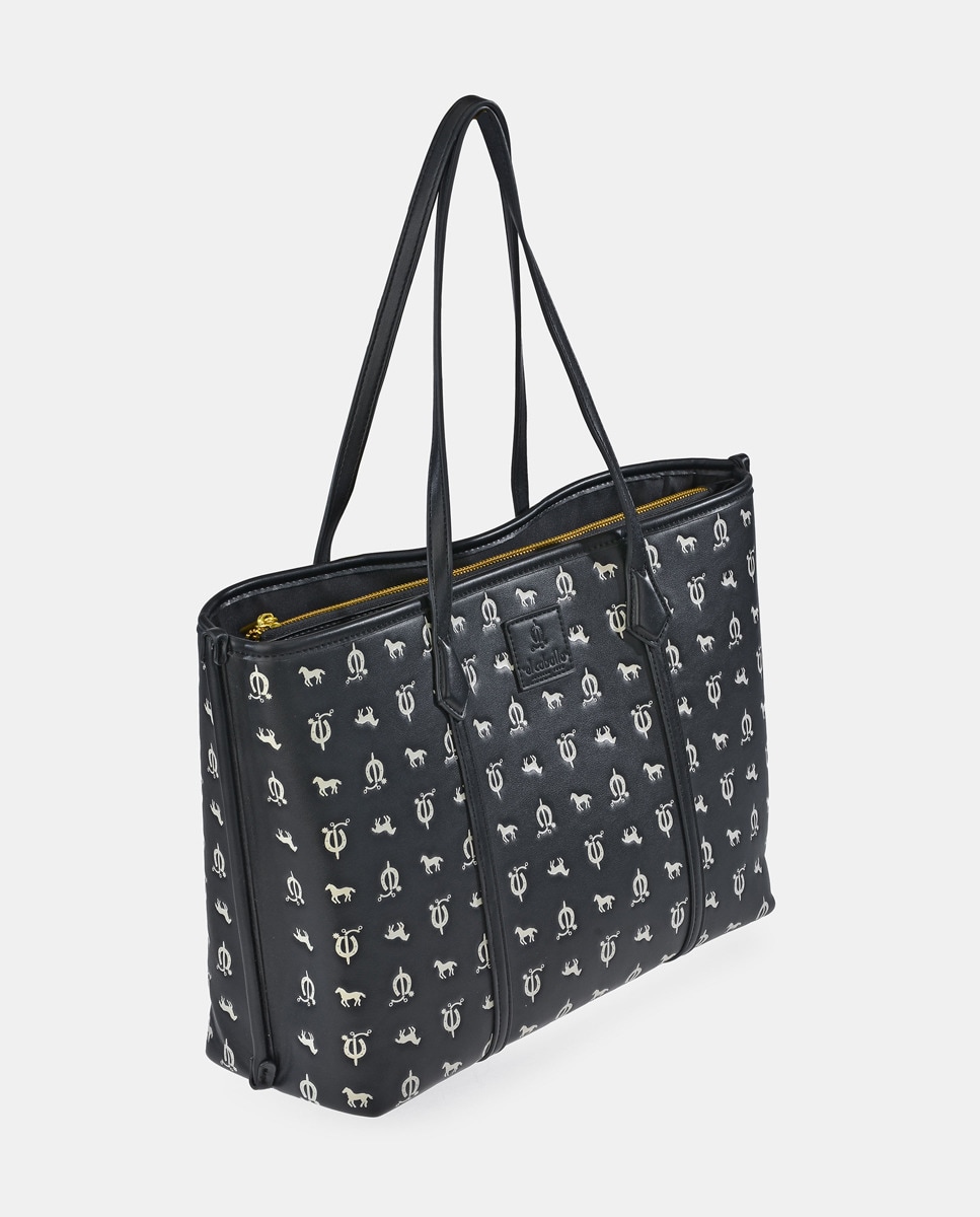 Mala Tipo Tote em Material Sintético Gravado com Alça Comprida - Preto Preto-3