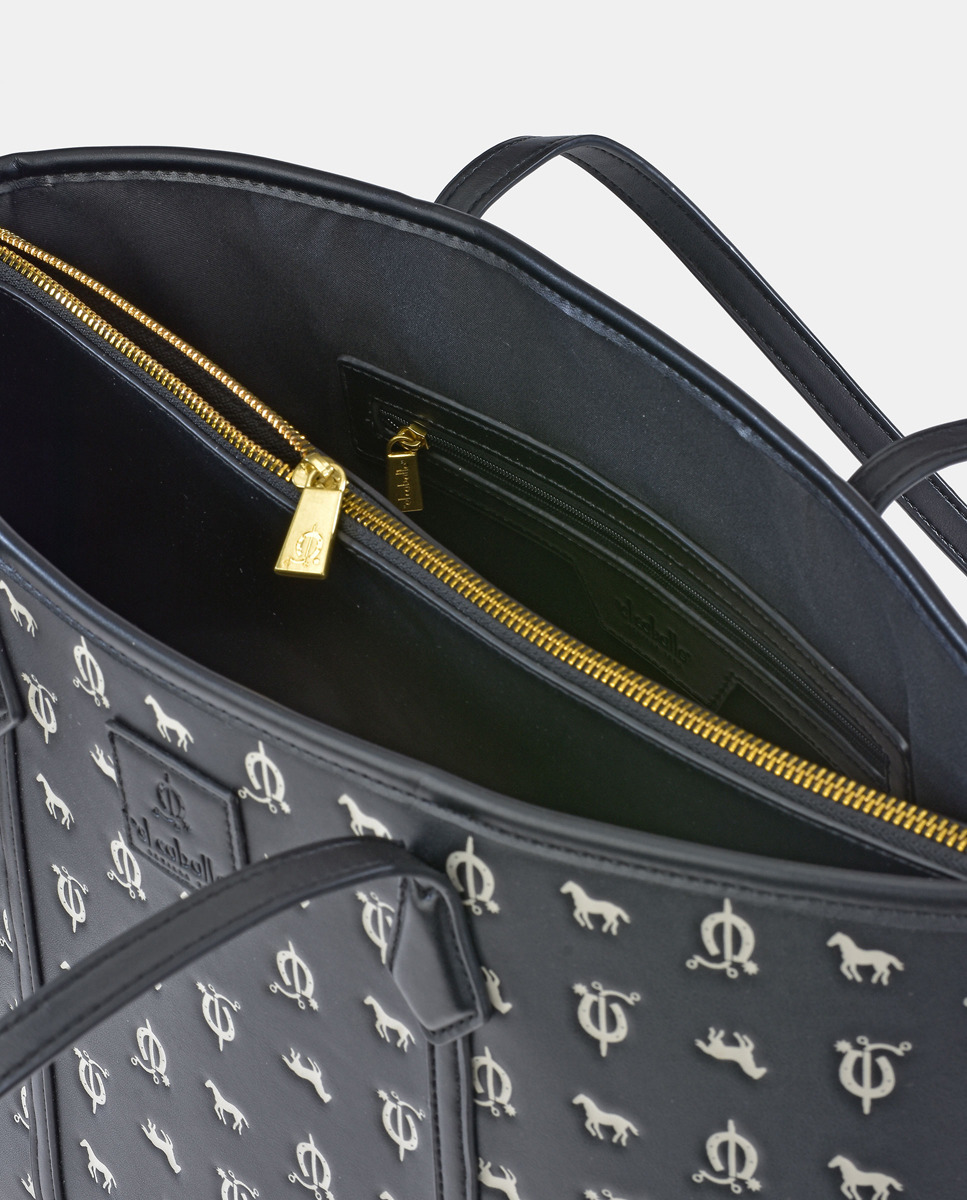 Mala Tipo Tote em Material Sintético Gravado com Alça Comprida - Preto Preto-4