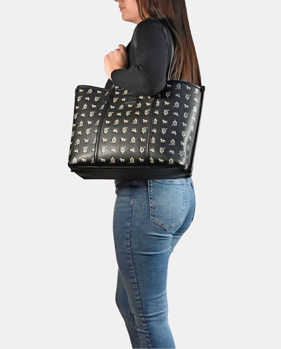Mala Tipo Tote em Material Sintético Gravado com Alça Comprida - Preto Preto-2
