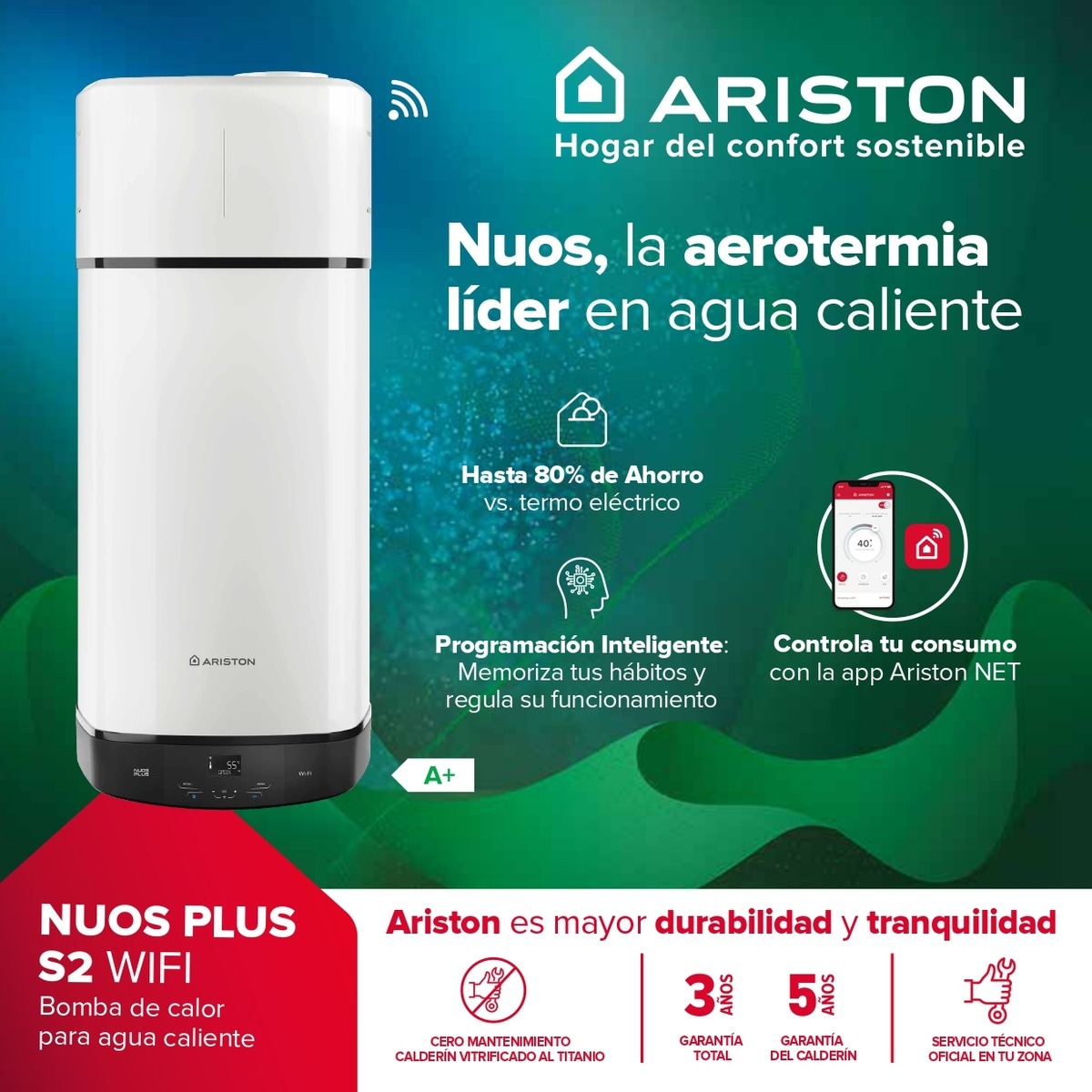 Aerotermo Ariston 100 litros WiFi  - NUOS P.S2 110WH 8