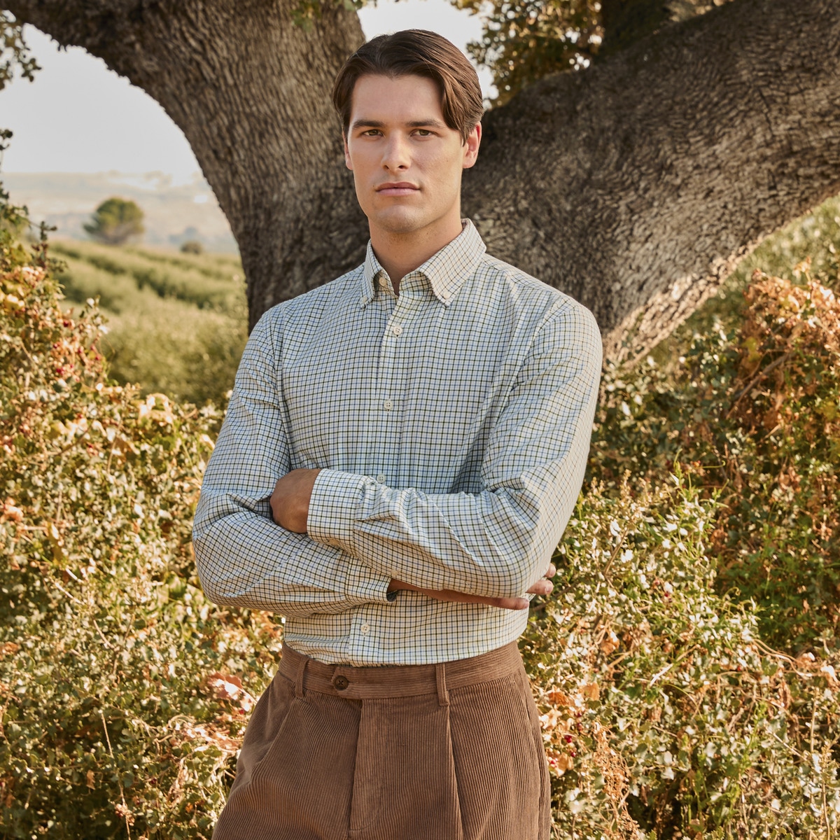 Camisa Button Down de Homem aos Quadrados Azul-claro-1