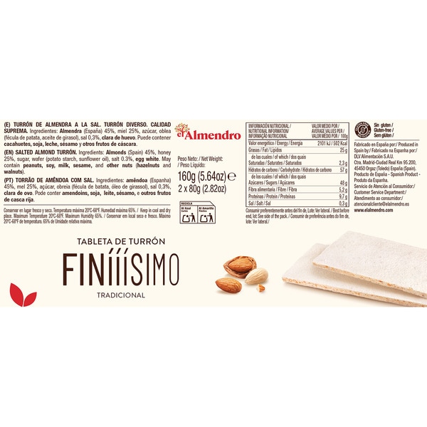 harter Turrón finííísimo Spitzenqualität glutenfrei 2 Tafeln Karton 160 g