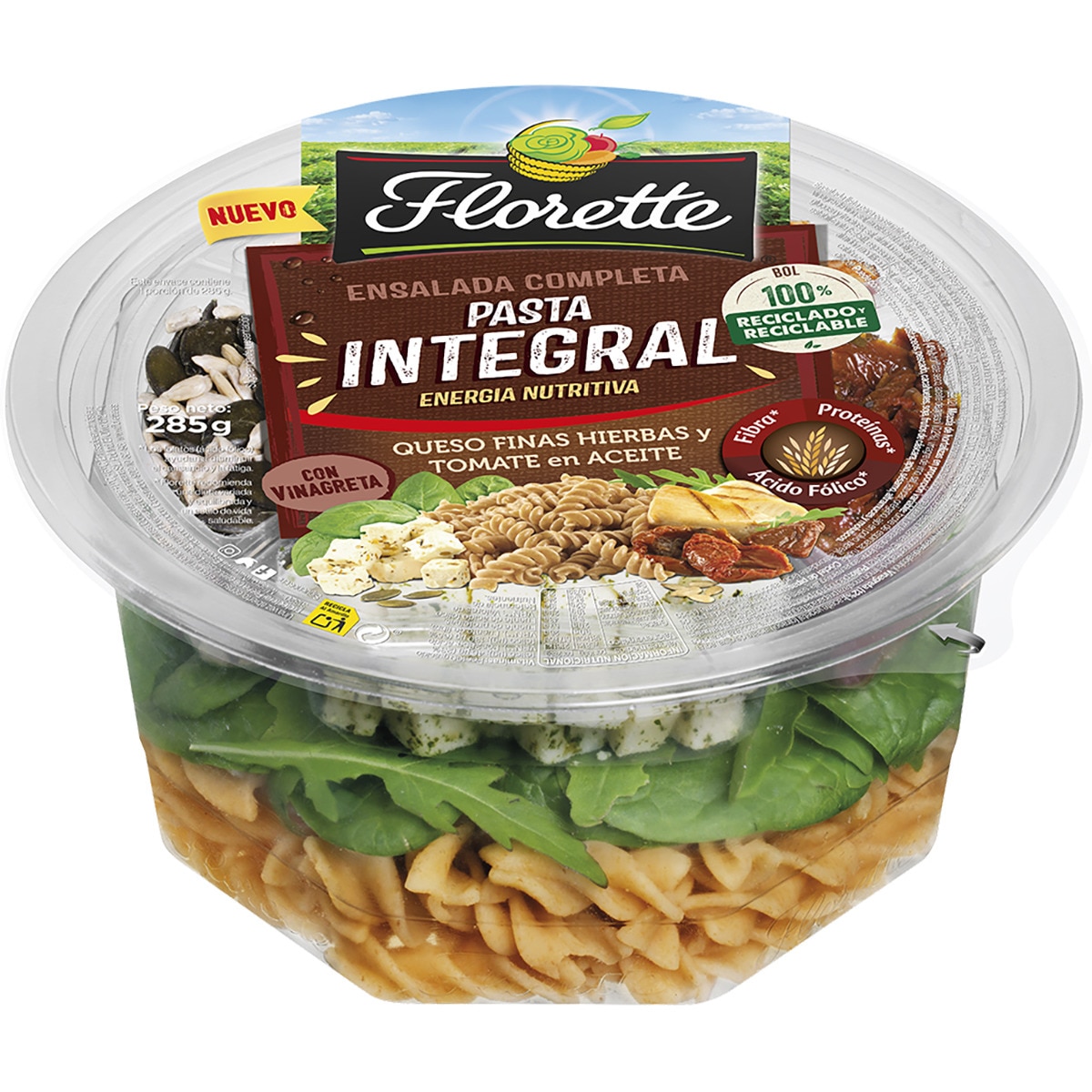 Ensalada Completa de pasta integral con queso a las finas hierbas y tomate en aceite tarrina 285 g