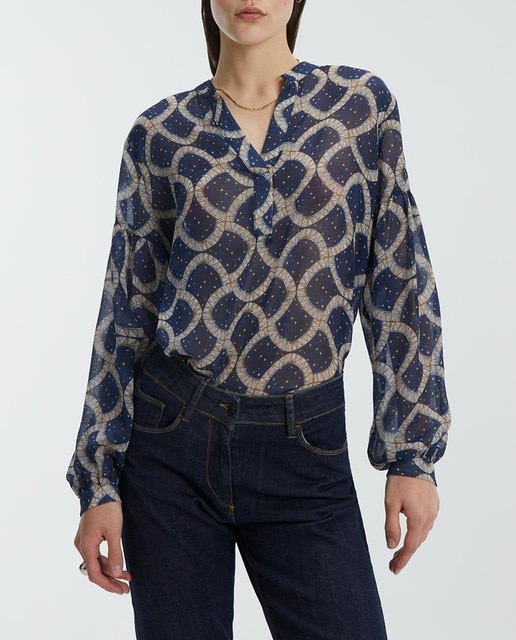 Imagen 0 de Blusa de mujer estampada de manga larga, cuello pico
