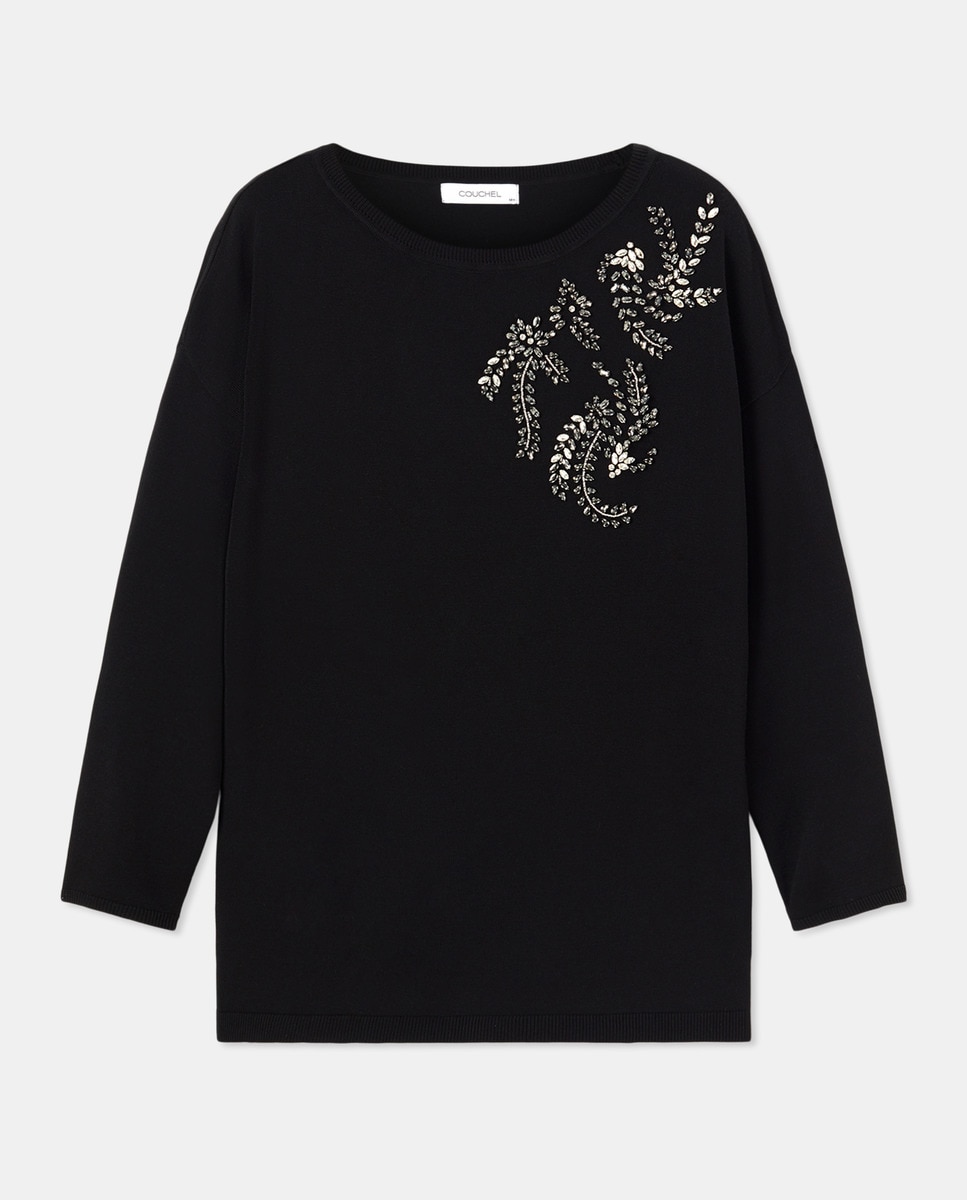 Camisola de Malha com Decote Redondo com Aplique Preto-4