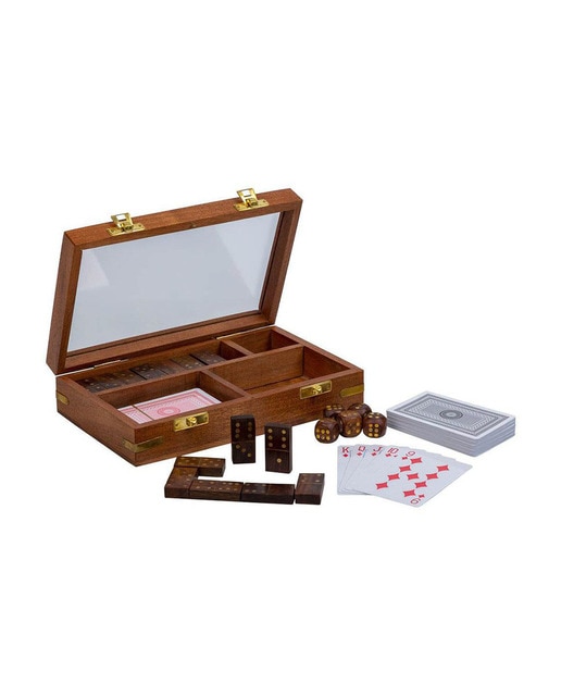 Imagen 0 de Juego 3 en 1 (dados+domino+cartas) en caja de madera marrón