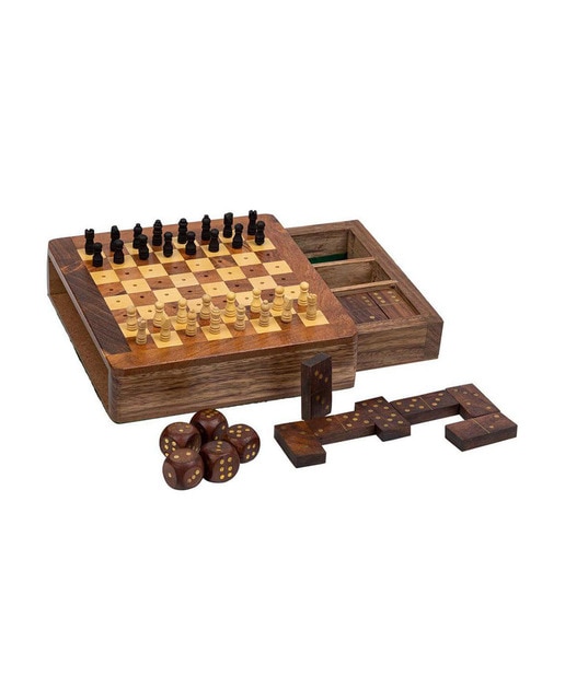 Imagen 0 de Juego 3 en 1 (ajedrez+domino+dados) en caja de madera marrón