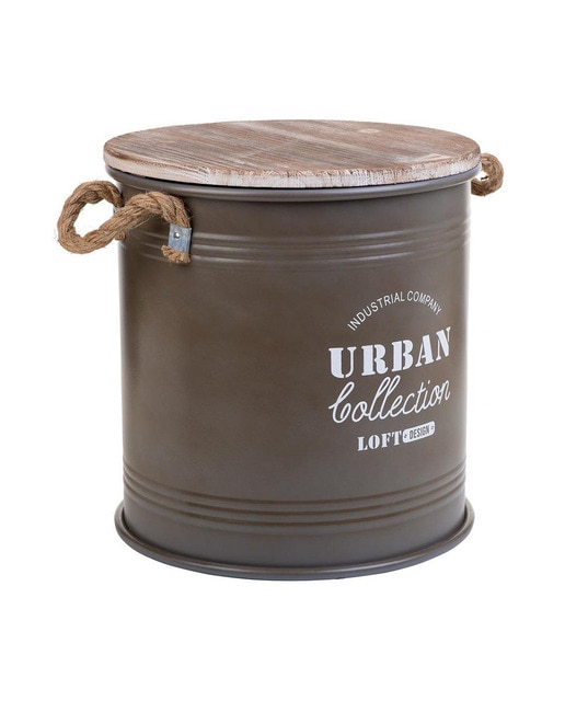 Imagen 0 de Caja redonda de metal, tapa de madera y asas de cuerda impresa gris