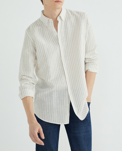 Imagen 0 de Camisa de hombre de lino y algodón de rayas