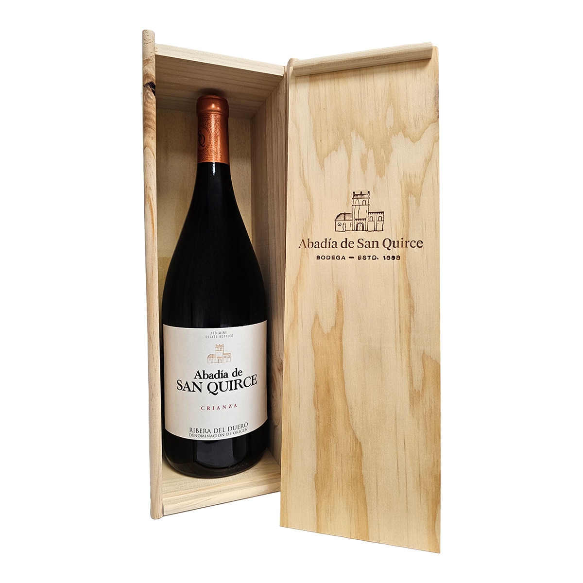 Estuche vino tinto Abadía de San Quirce crianza 2019 Ribera del Duero Mágnum 2