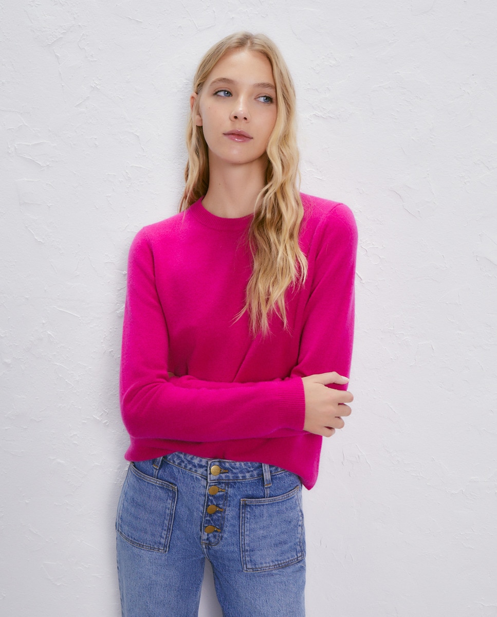 Camisola de Malha com Decote Redondo e em Caxemira Rosa-2