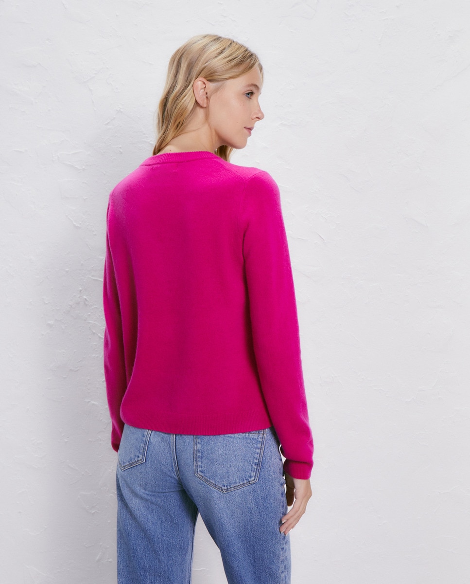 Camisola de Malha com Decote Redondo e em Caxemira Rosa-3