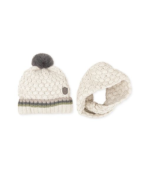 Imagen 0 de Conjunto de bebé niño de gorro con pompón y cuello de tricot en color crudo