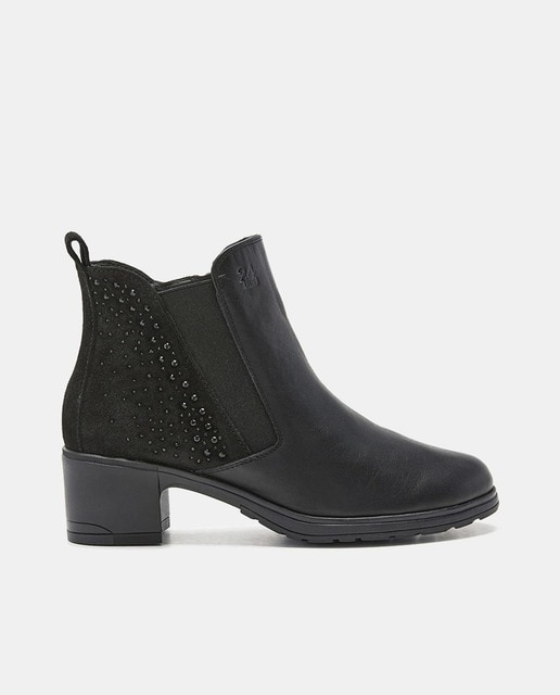 Imagen 0 de Botines de mujer en piel con detalle de cristalitos y tacón bloque