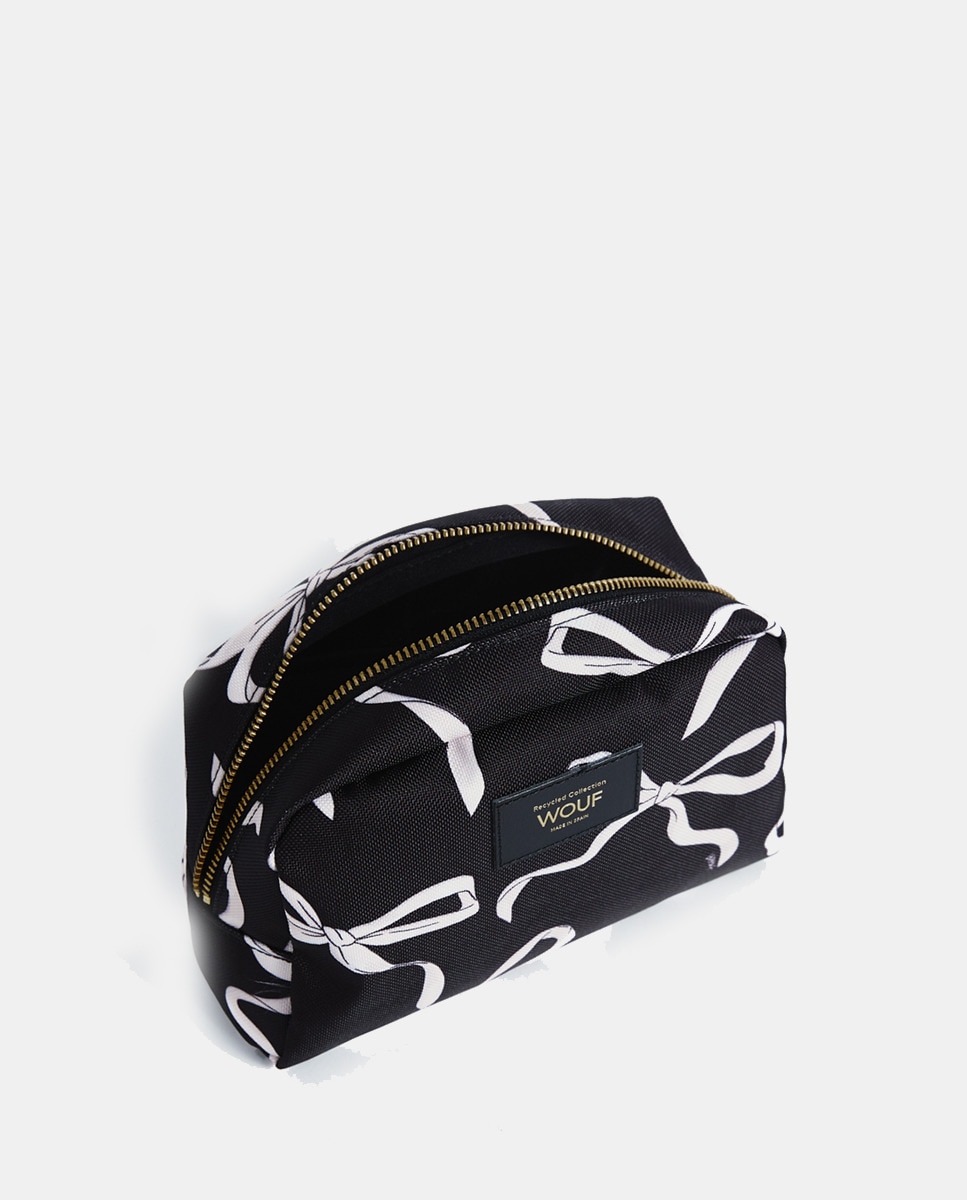 Nécessaire Tamanho Médio com Bolso Interior com Estampado de Laços - Branco/Preto Preto-2