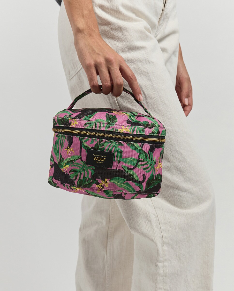Nécessaire Tamanho XL com Alça na Parte Superior e Estampado de Pantera - Rosa/Verde/Preto Rosa-2