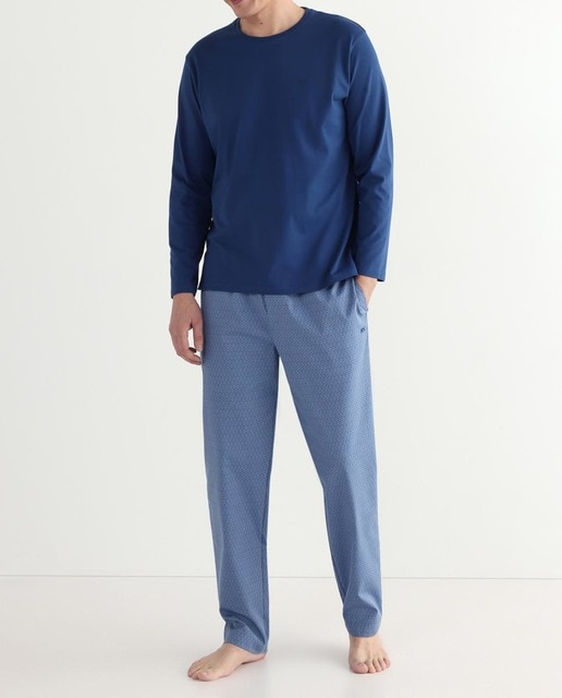 Imagen 0 de Conjunto pijama de hombre de algodón con pantalón jacquard azul