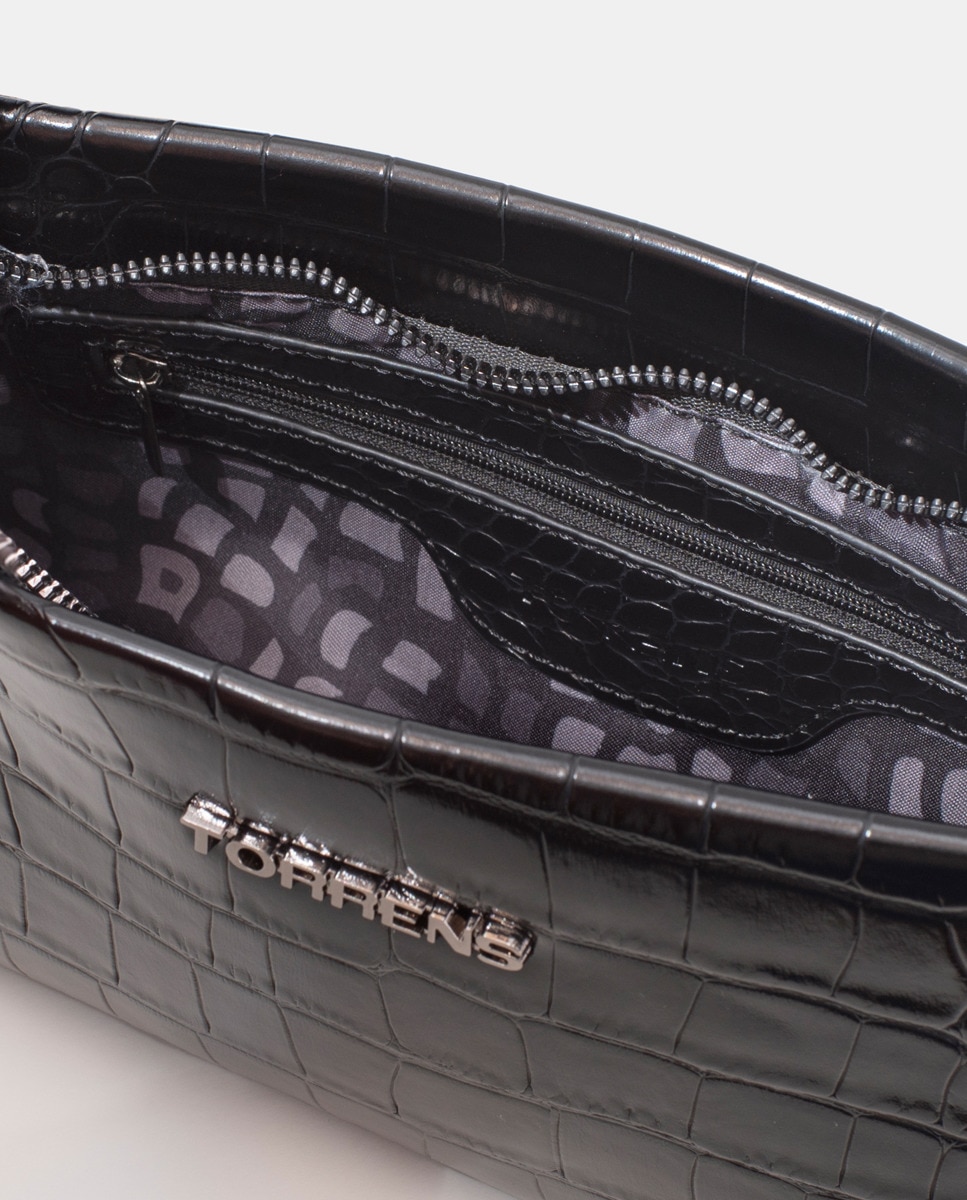 Mala a Tiracolo com Efeito Crocodilo Preto-3