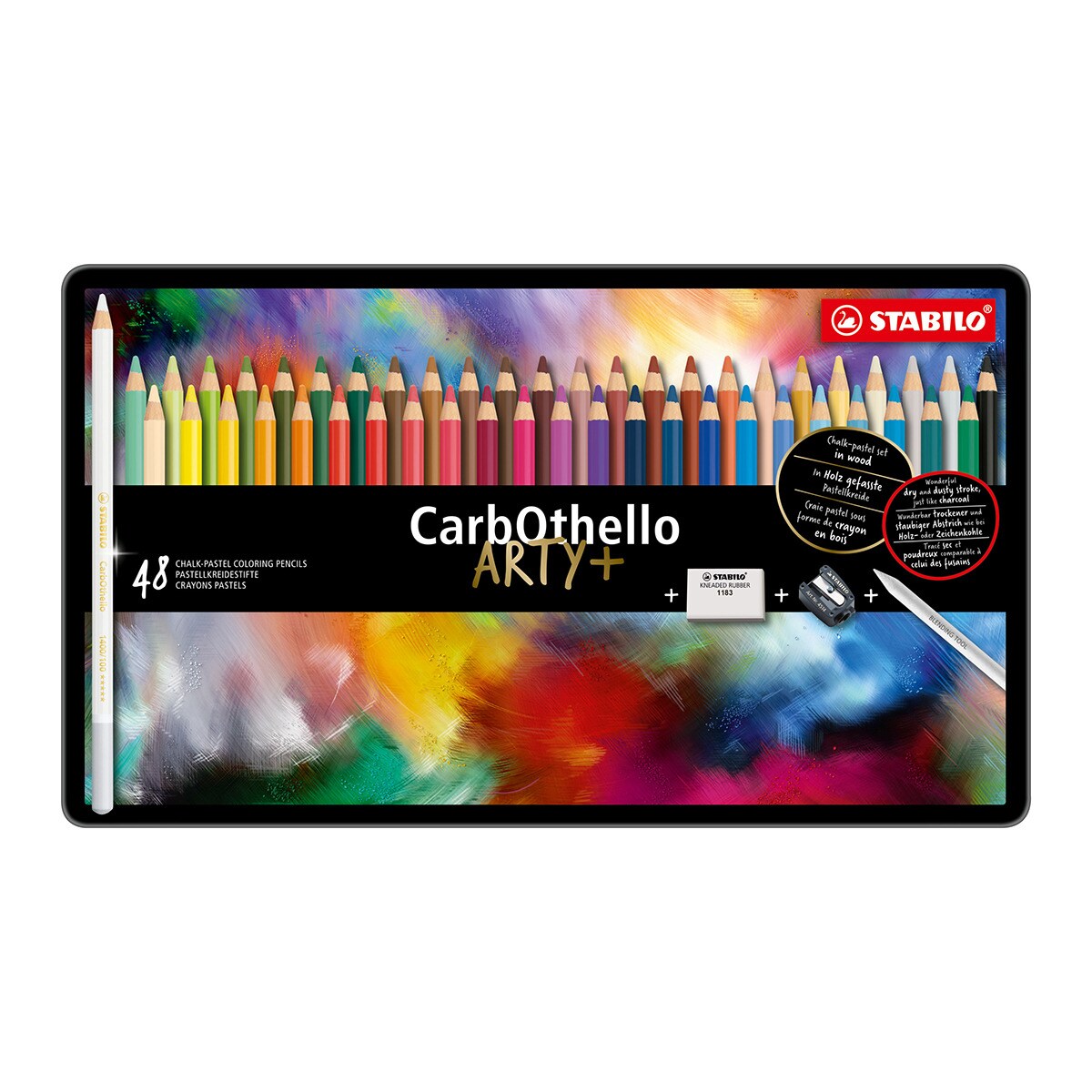 Estuche con 48 lápices de color Tiza-Pastel CatbOthello STABILO Multicolor + sacapuntas + goma de borrar + difuminador Negro-1