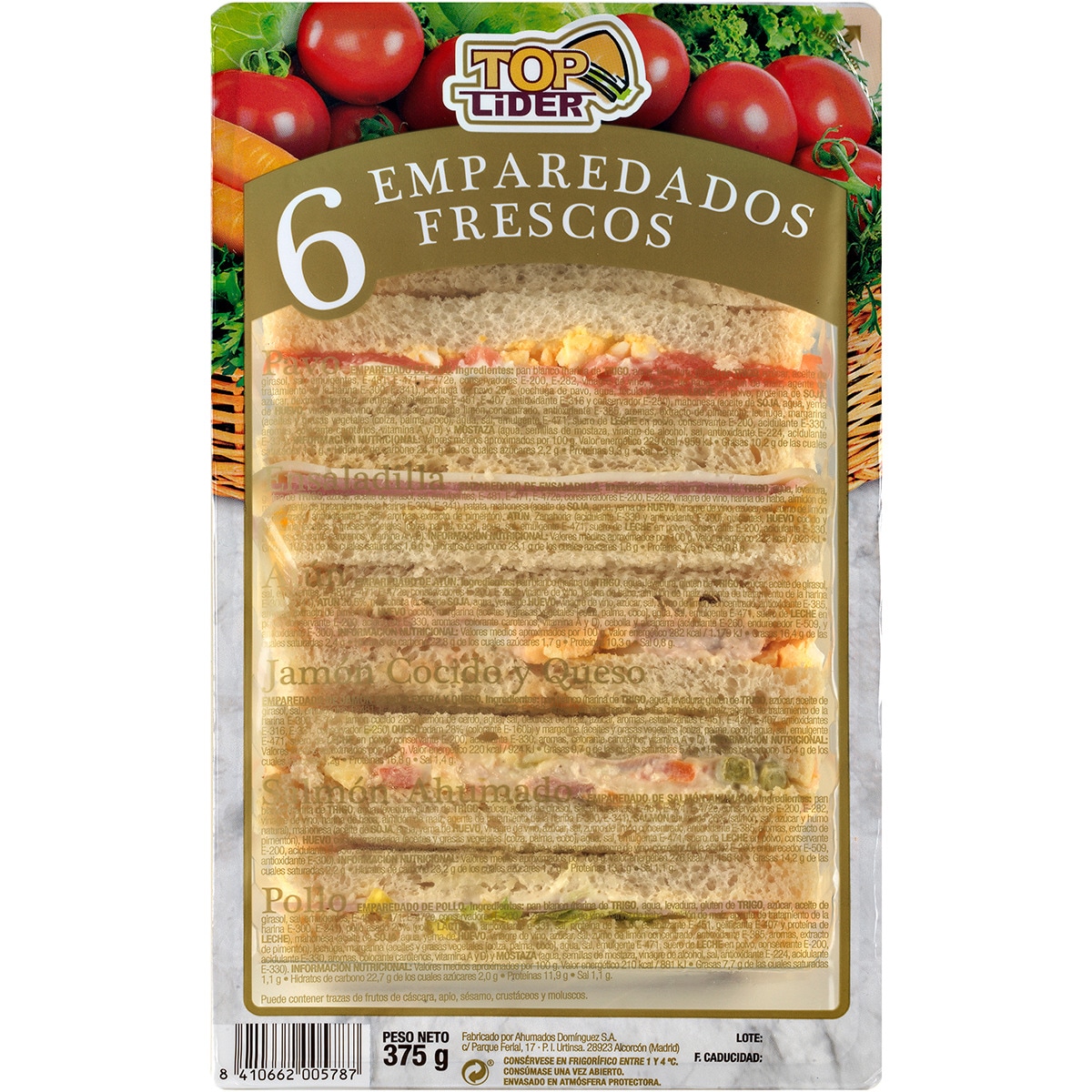 emparedados sin corteza 6 unidades envase 375 g