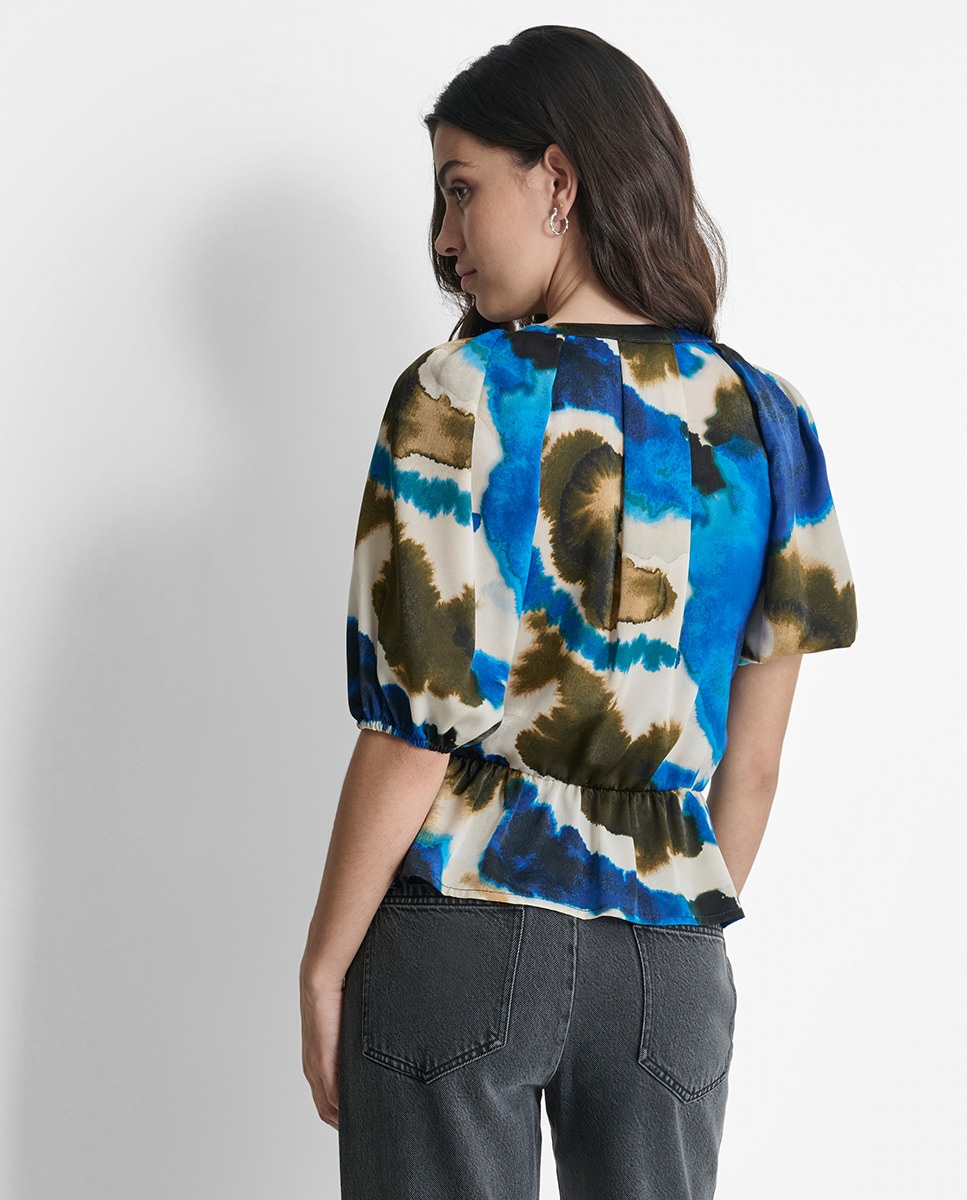 Camisa com Decote em Bico e Mangas em Balão Multicolor-2