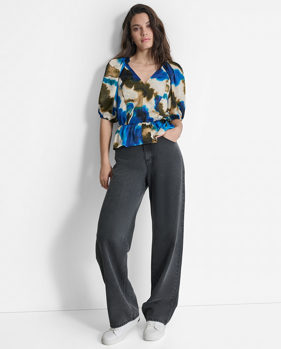Camisa com Decote em Bico e Mangas em Balão Multicolor-3