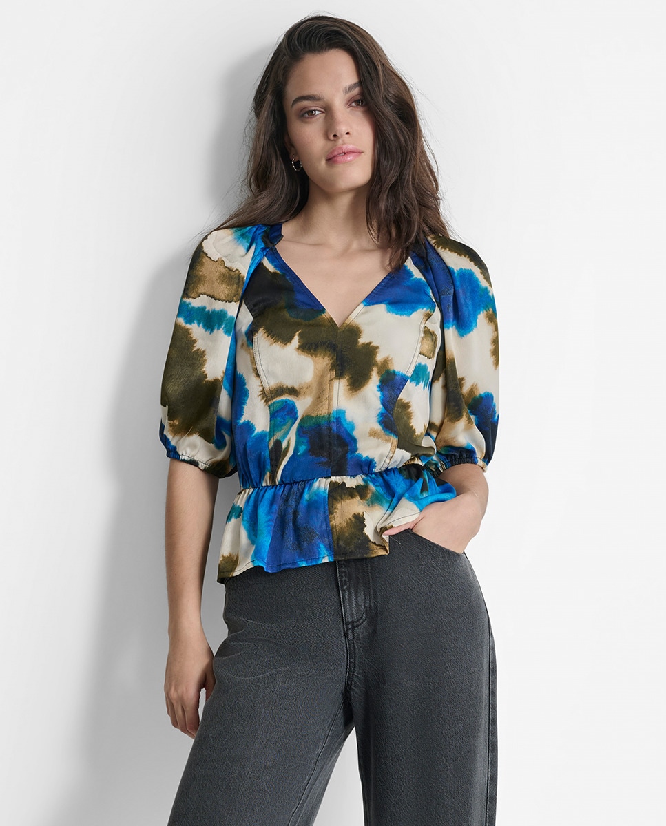 Camisa com Decote em Bico e Mangas em Balão Multicolor-1
