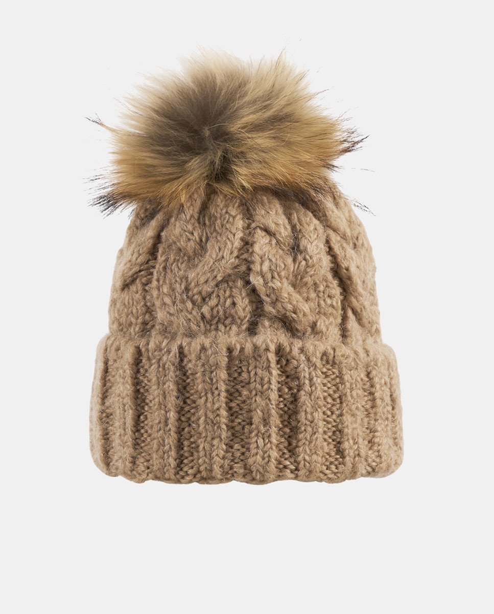Gorro de Malha Entrançada com Pompom de Guaxinim Camel-1