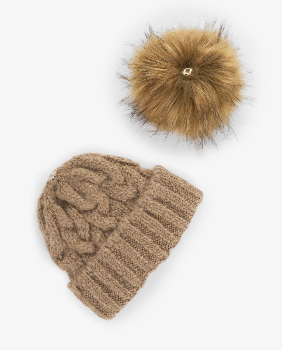 Gorro de Malha Entrançada com Pompom de Guaxinim Camel-2