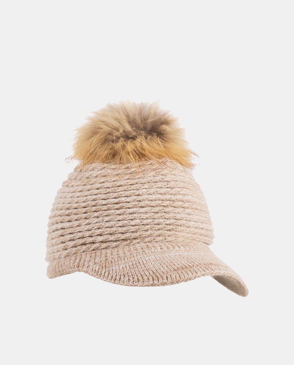 Boné de malha bege com pompom de pêlo Bege-5