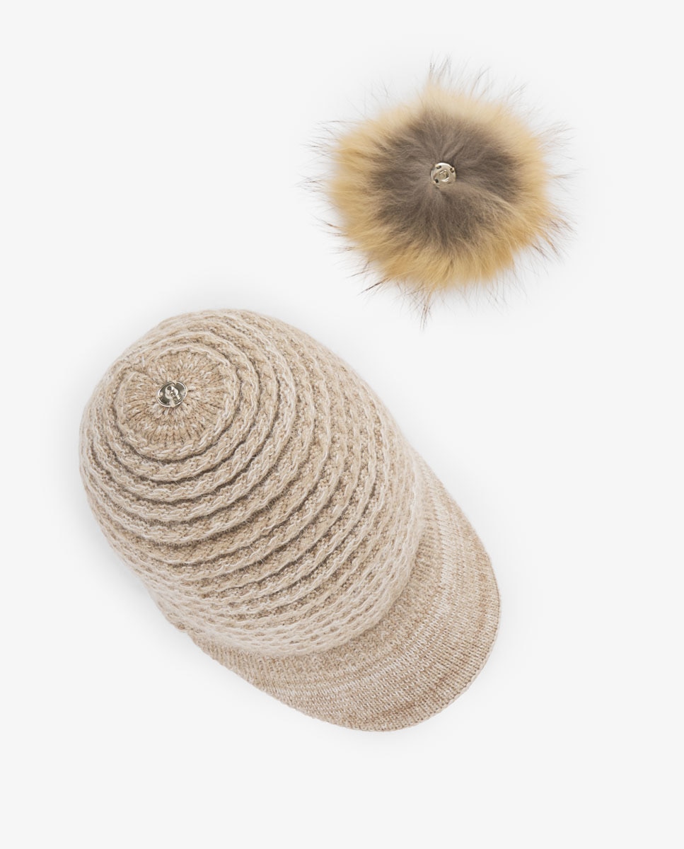 Boné de malha bege com pompom de pêlo Bege-6