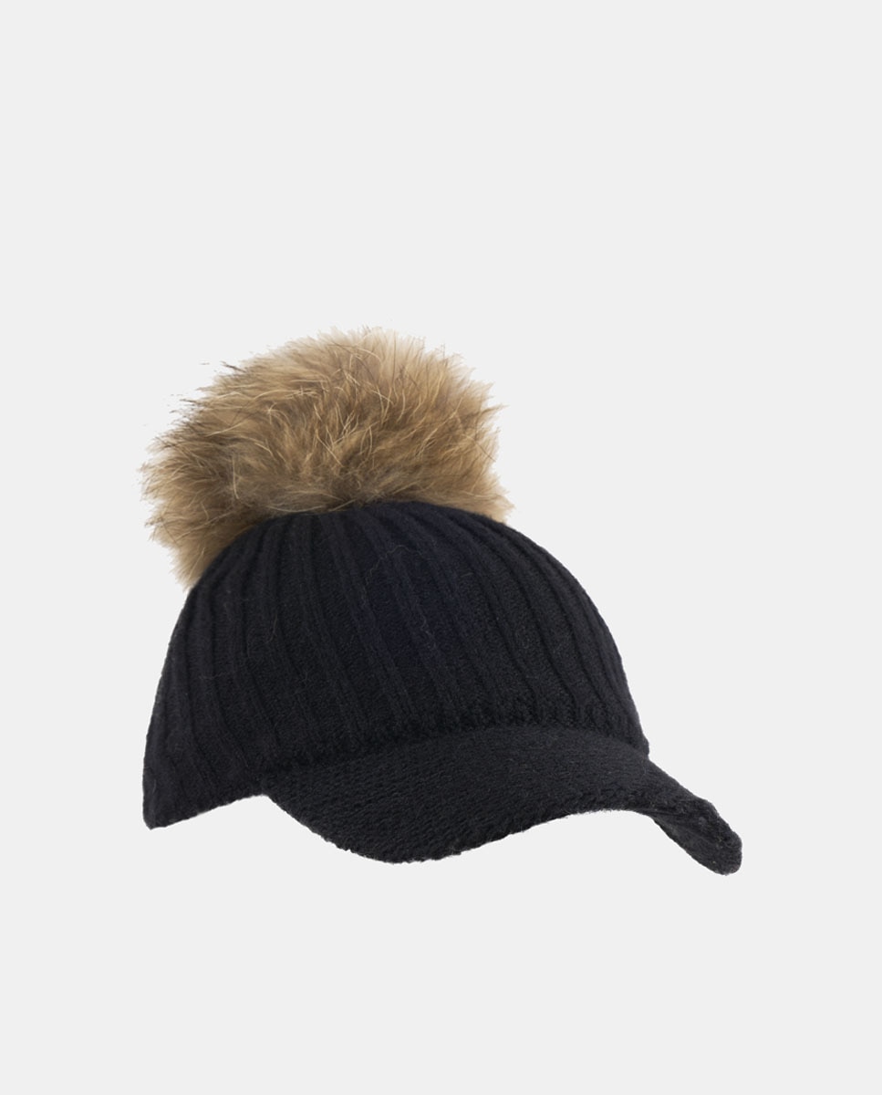 Boné de malha preto com pompom de pêlo Preto-5