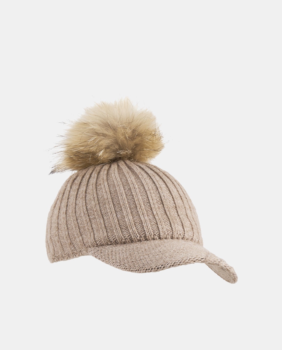 Boné de Malha com Pompom de Pelo Natural - Bege Bege-3