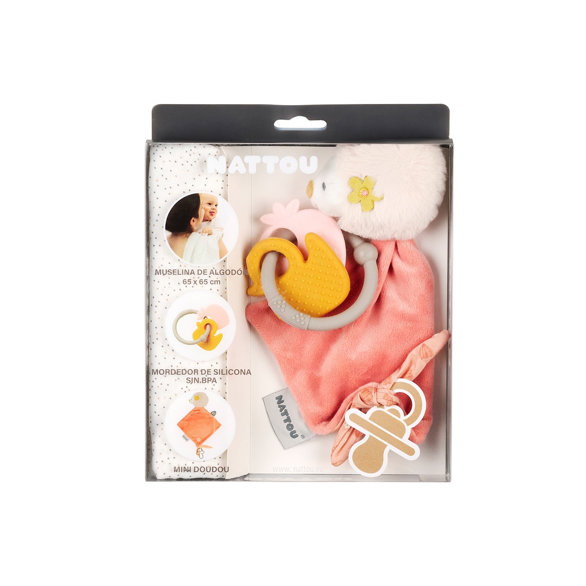 Pack regalo Nattou dou dou, muselina y mordedor colecc. Mila, Zöe&Lana Rosa-1