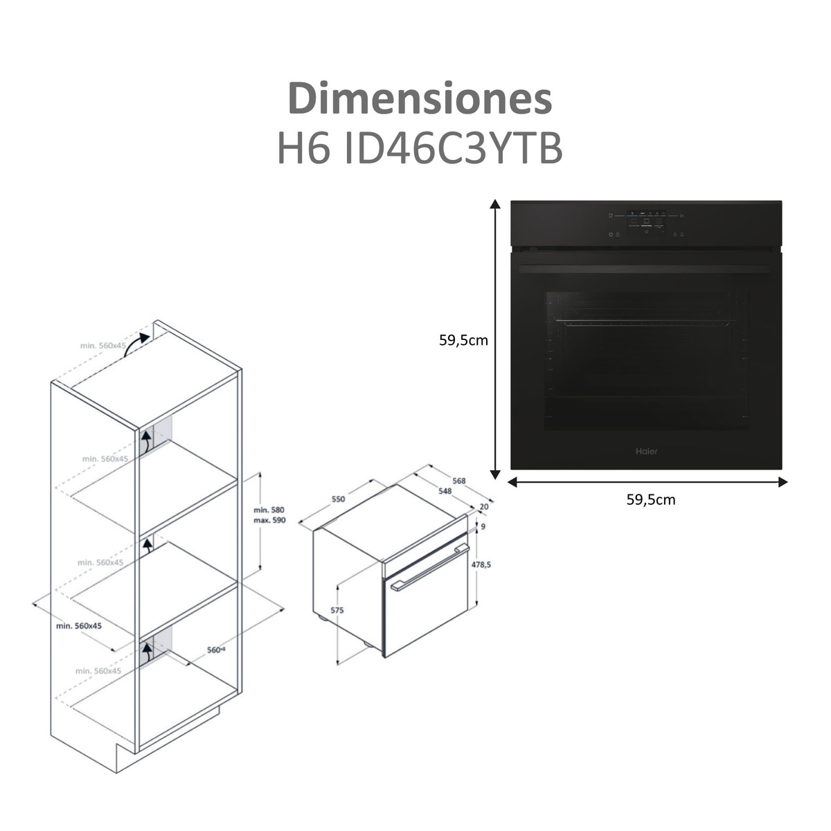 Horno multifunción Haier, limpieza Pirolítica e Hidrolítica, WiFi, ID Series 4 - H6 ID46C3YTB Negro-2