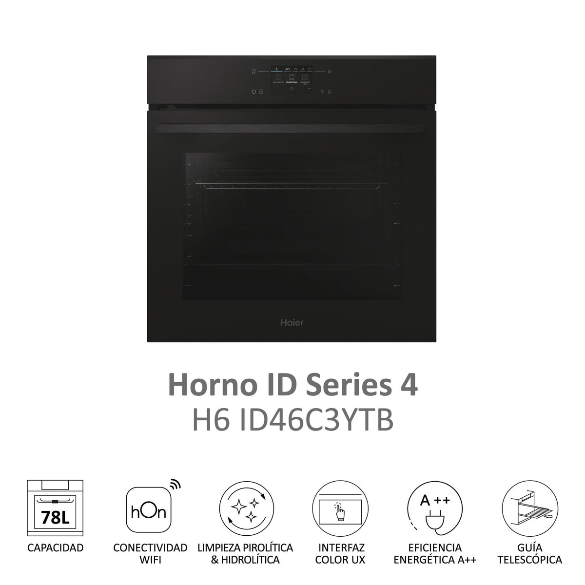 Horno multifunción Haier, limpieza Pirolítica e Hidrolítica, WiFi, ID Series 4 - H6 ID46C3YTB Negro-3