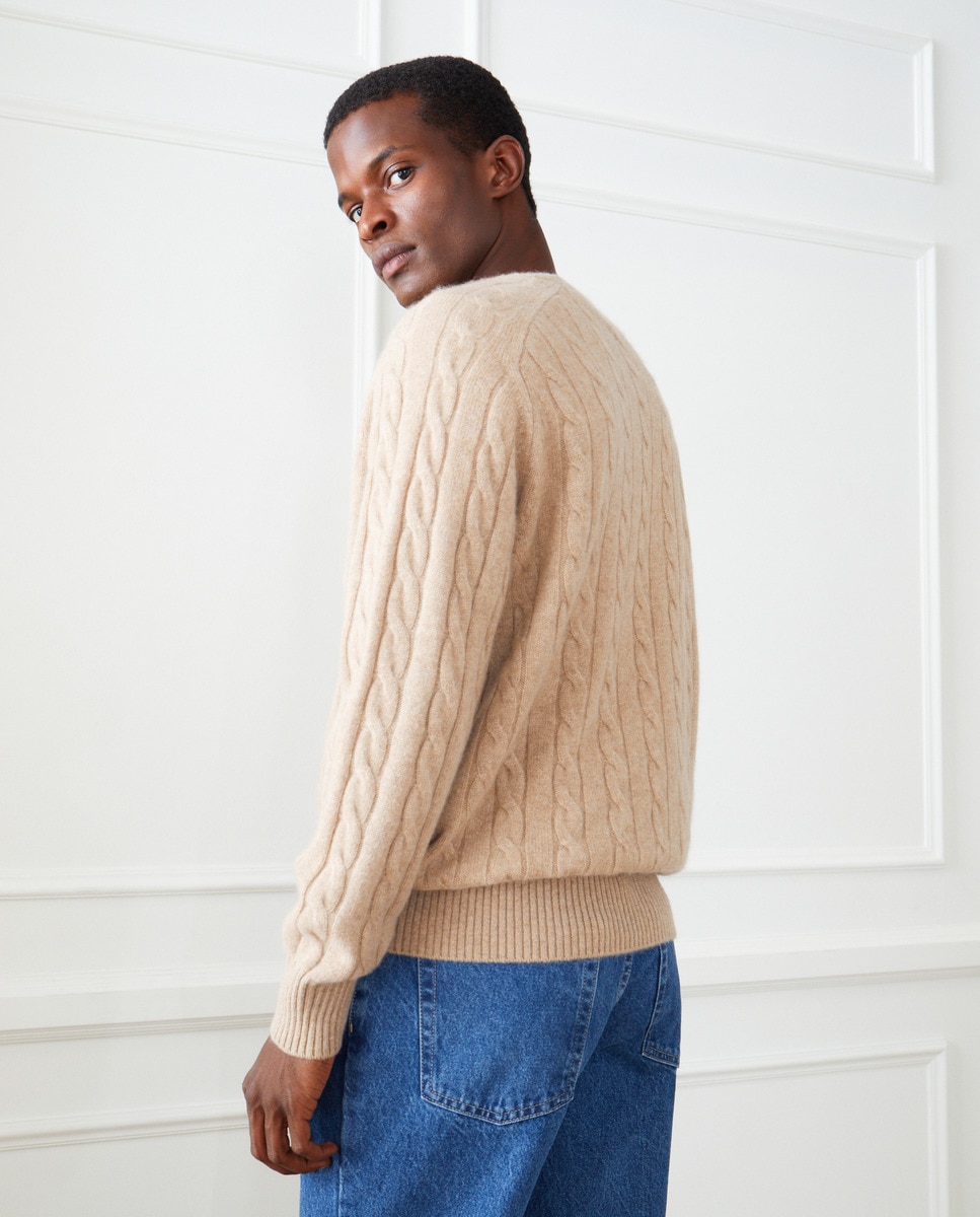 Camisola de Malha do Cabo com Caxemira e Gola Redonda Bege-6