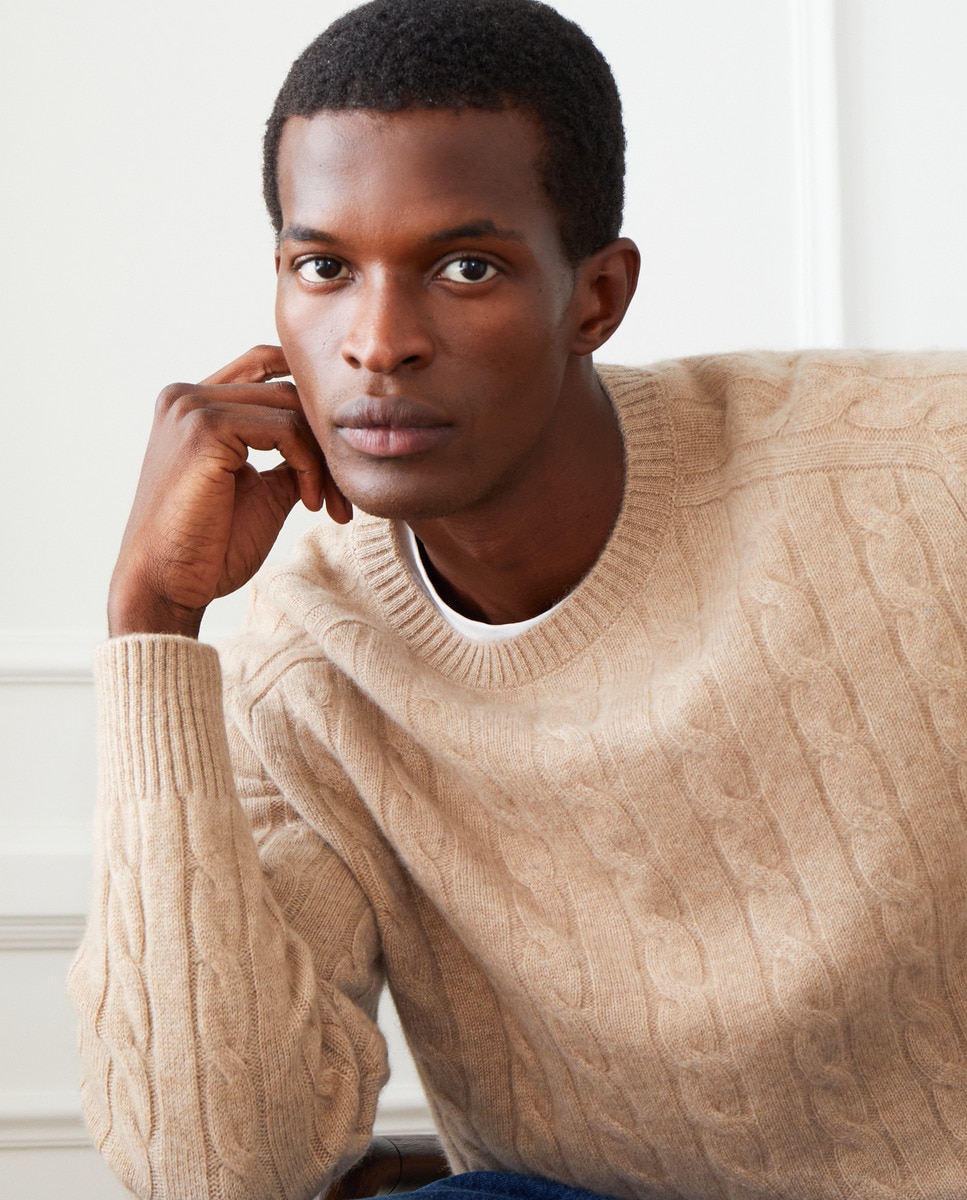 Camisola de Malha do Cabo com Caxemira e Gola Redonda Bege-1