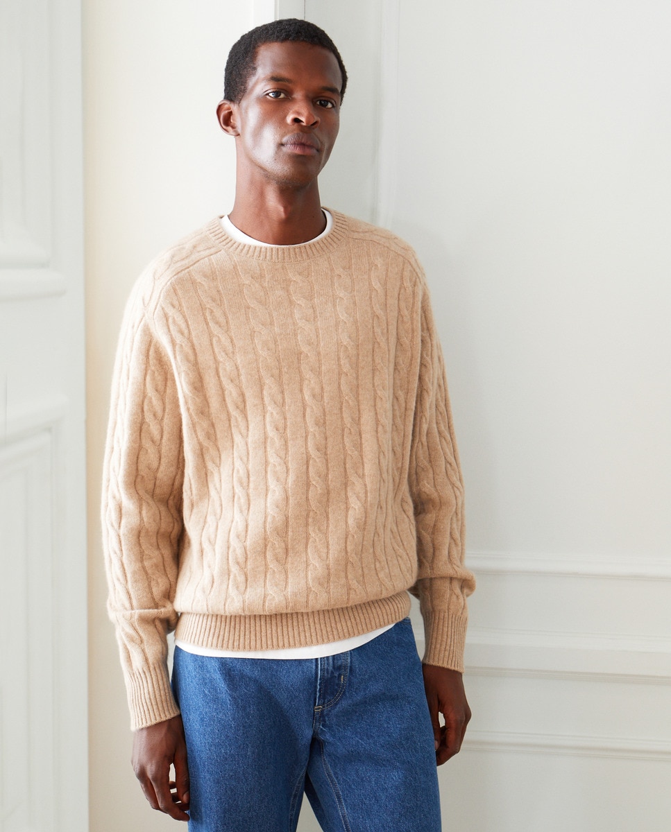 Camisola de Malha do Cabo com Caxemira e Gola Redonda Bege-2