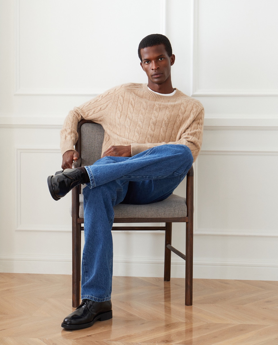 Camisola de Malha do Cabo com Caxemira e Gola Redonda Bege-3