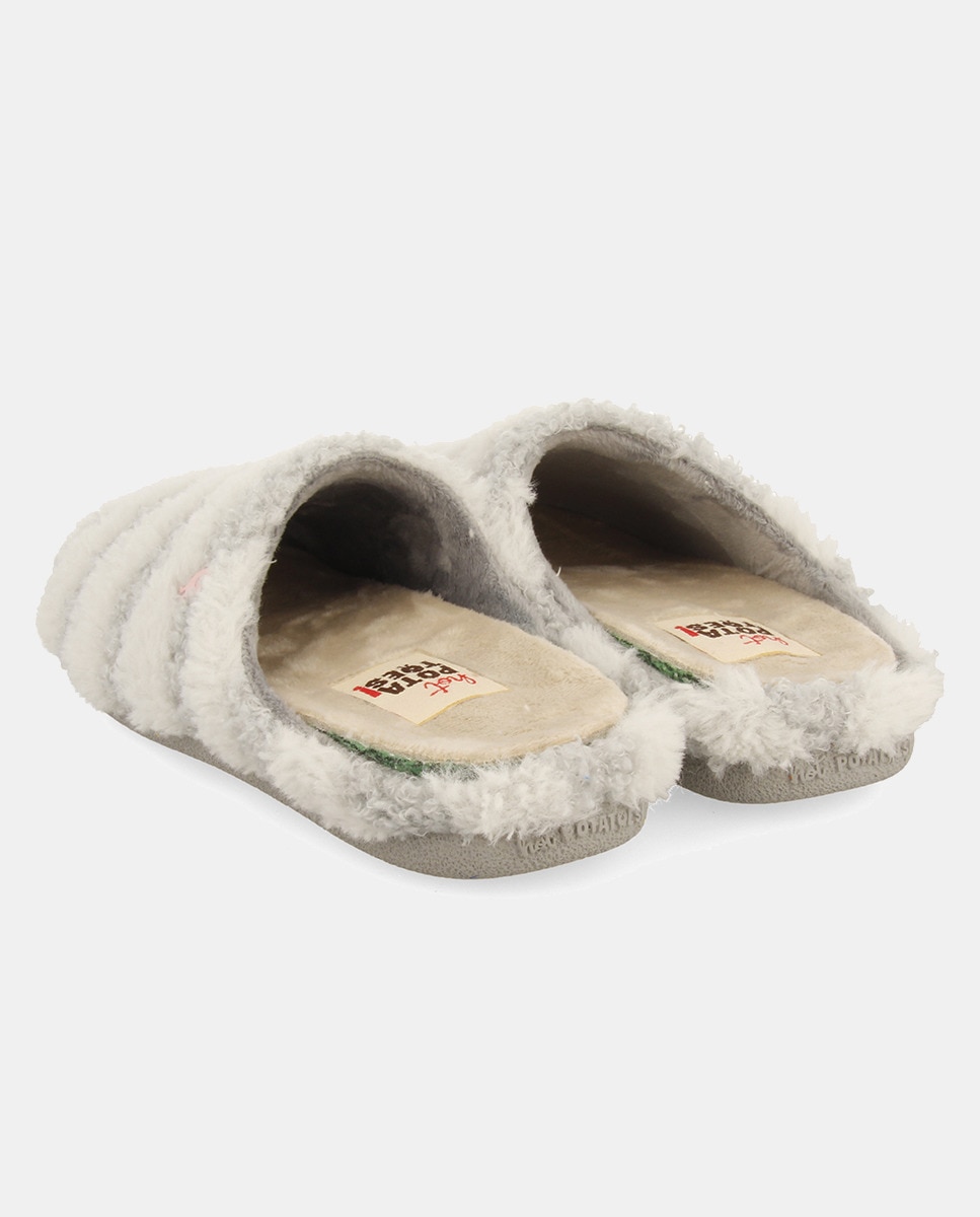 Chinelos de Quarto com Estampado às Riscas e Pelo de Borrego Cinzento-3