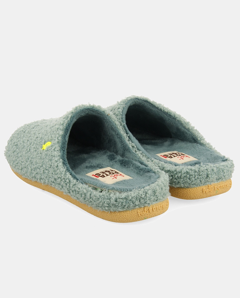 Chinelos de Quarto em Pelo de Borrego Verde Água-3