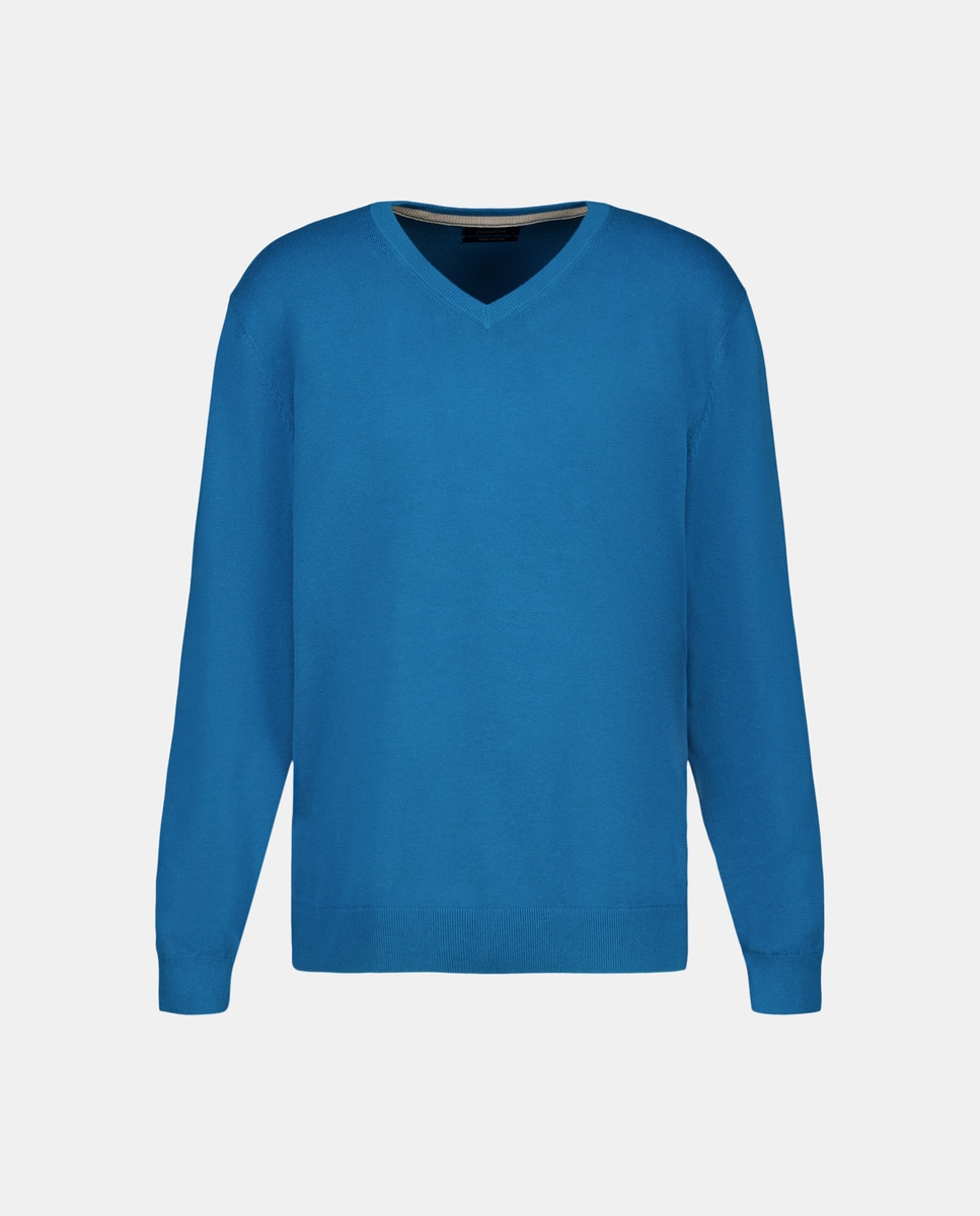 Camisola de Algodão com Decote em Bico Azul-4